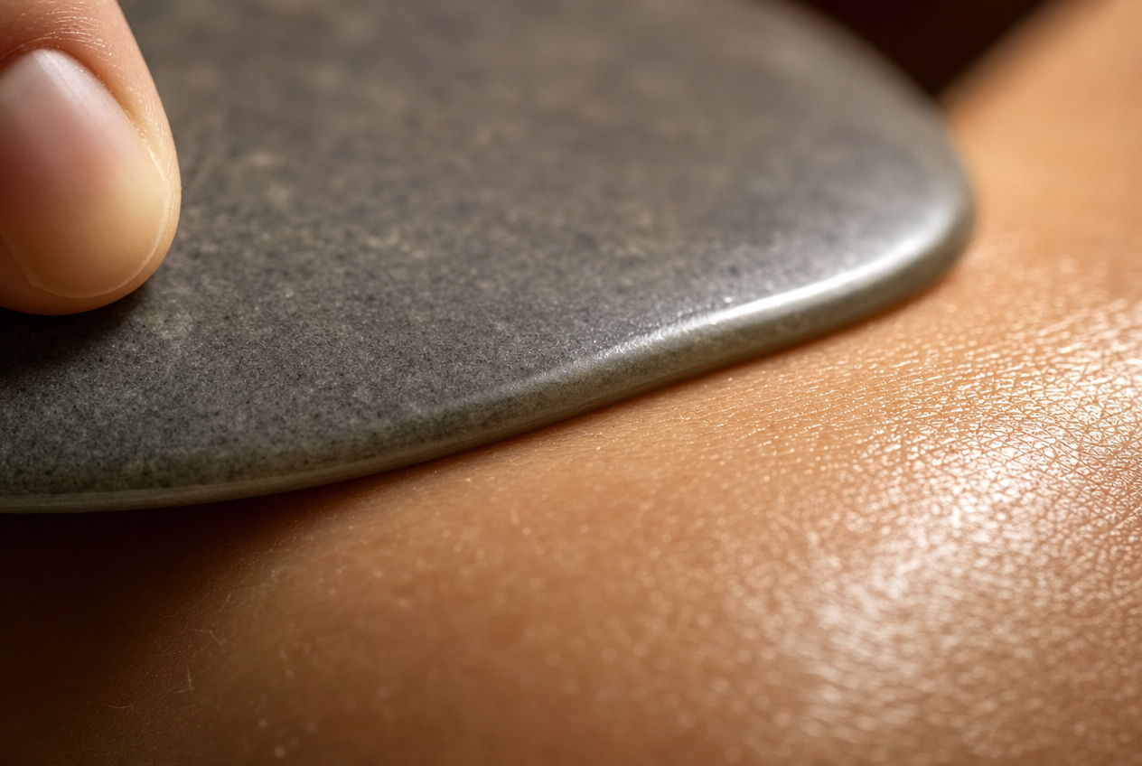 An extreme close-up of the smooth edge of a grey stone tool resting against lightly oiled skin with one fingertip visible at the frame edge, representing gentle gua sha technique, Belldiva