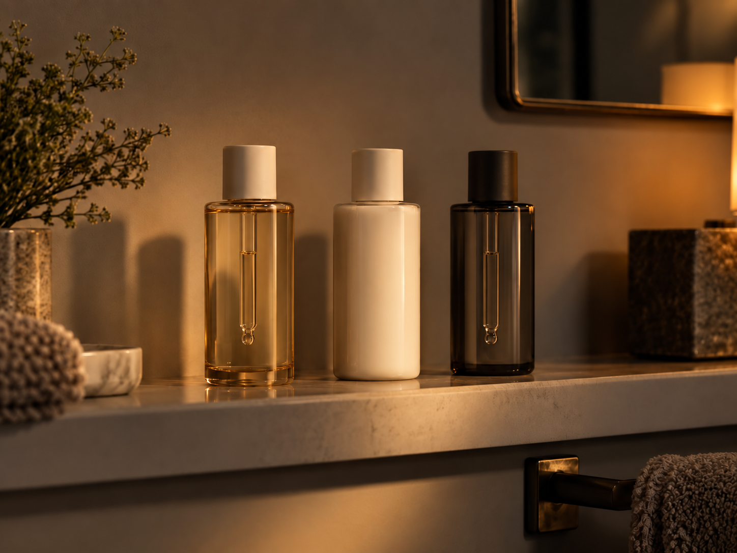 Three glass skincare bottles, amber, cream and smoked, standing in a row along a marble shelf edge in warm evening lamplight beside a gilded mirror corner, representing the steadying effect of a skincare ritual, Belldiva