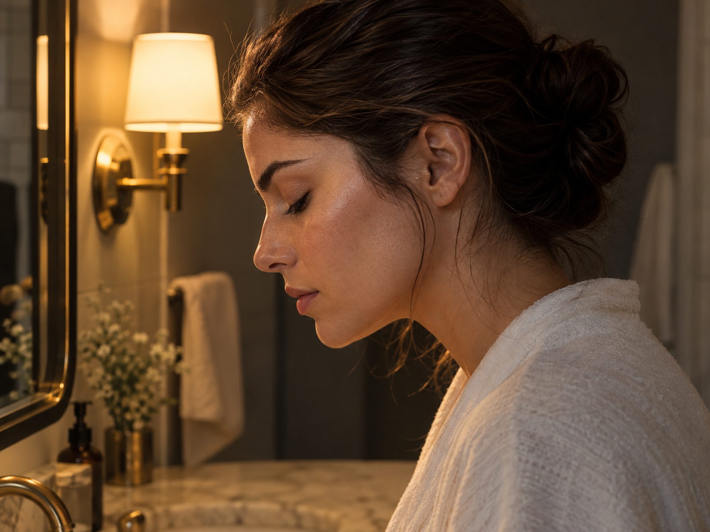 A woman in a soft white robe standing at a marble vanity in profile with her eyes closed and hair loosely gathered, warm brass sconce light catching her face beside a gilded mirror, representing the deliberate attention a skincare ritual invites, Belldiva