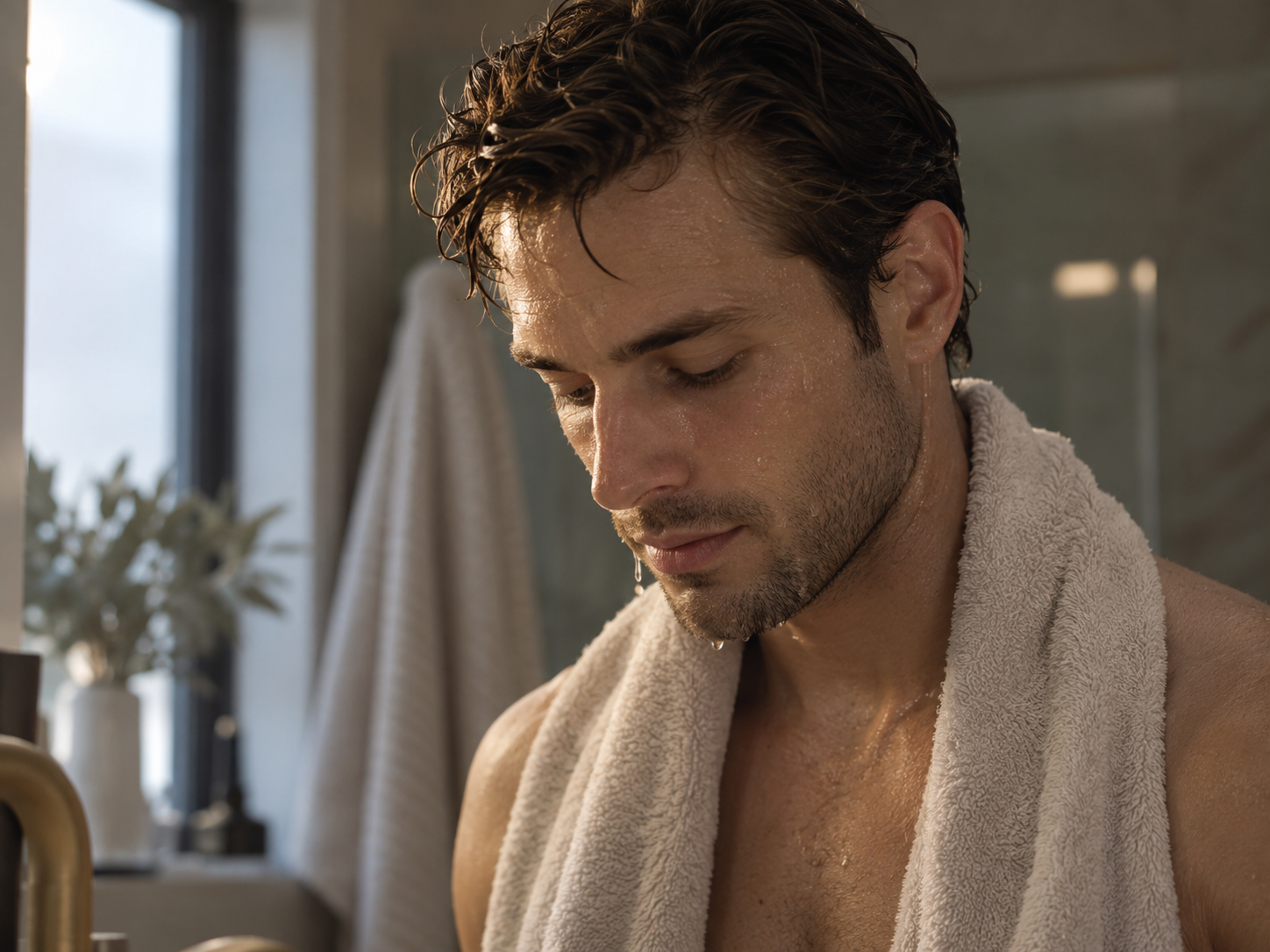 A man with damp hair and a towel around his neck standing in soft window light with his eyes lowered, water still visible on his skin, representing a skincare ritual practised with attention, Belldiva