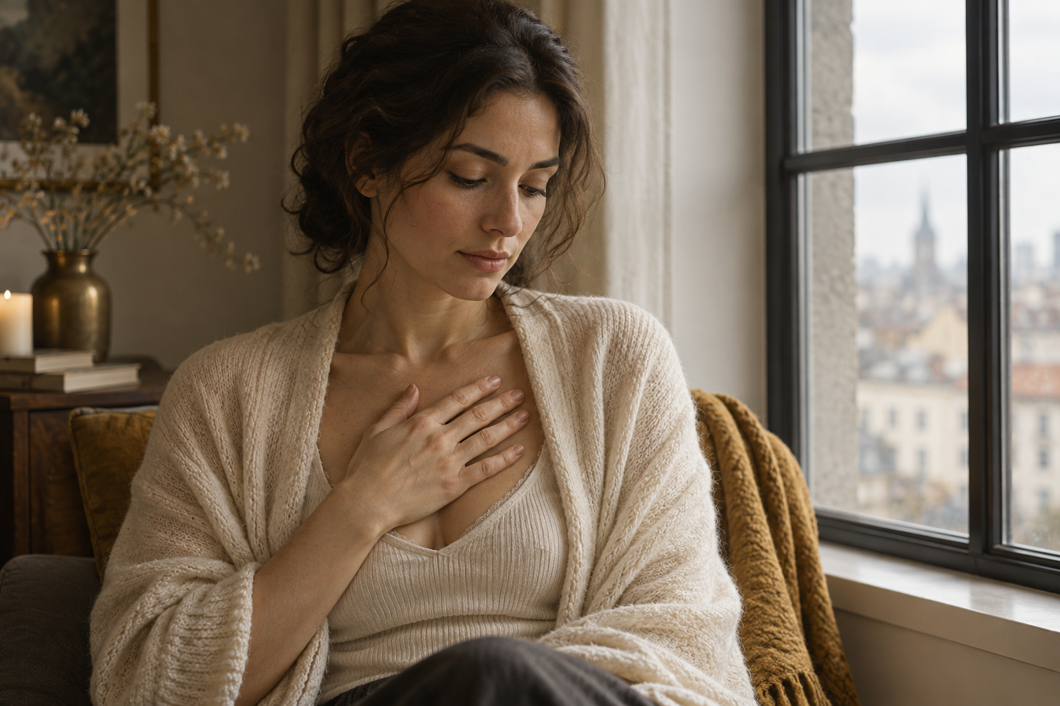 A woman standing near a bright window in calm natural light with a composed expression, representing an evidence-based look at what menopause does to the body, Belldiva