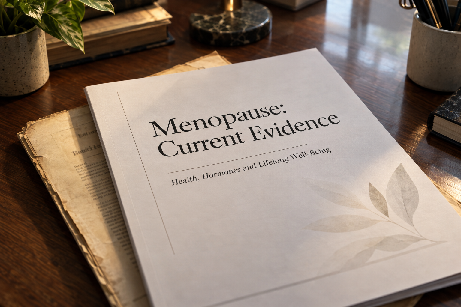 An open medical reference book and reading glasses resting on a desk in warm lamplight, representing the reappraisal of menopause research evidence, Belldiva
