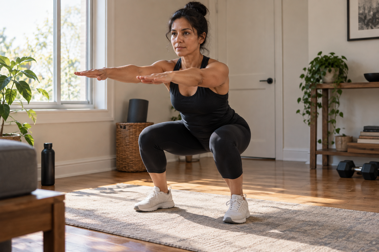 A woman lifting light dumbbells in a bright room with calm focus, representing resistance training as evidence-based support during menopause, Belldiva